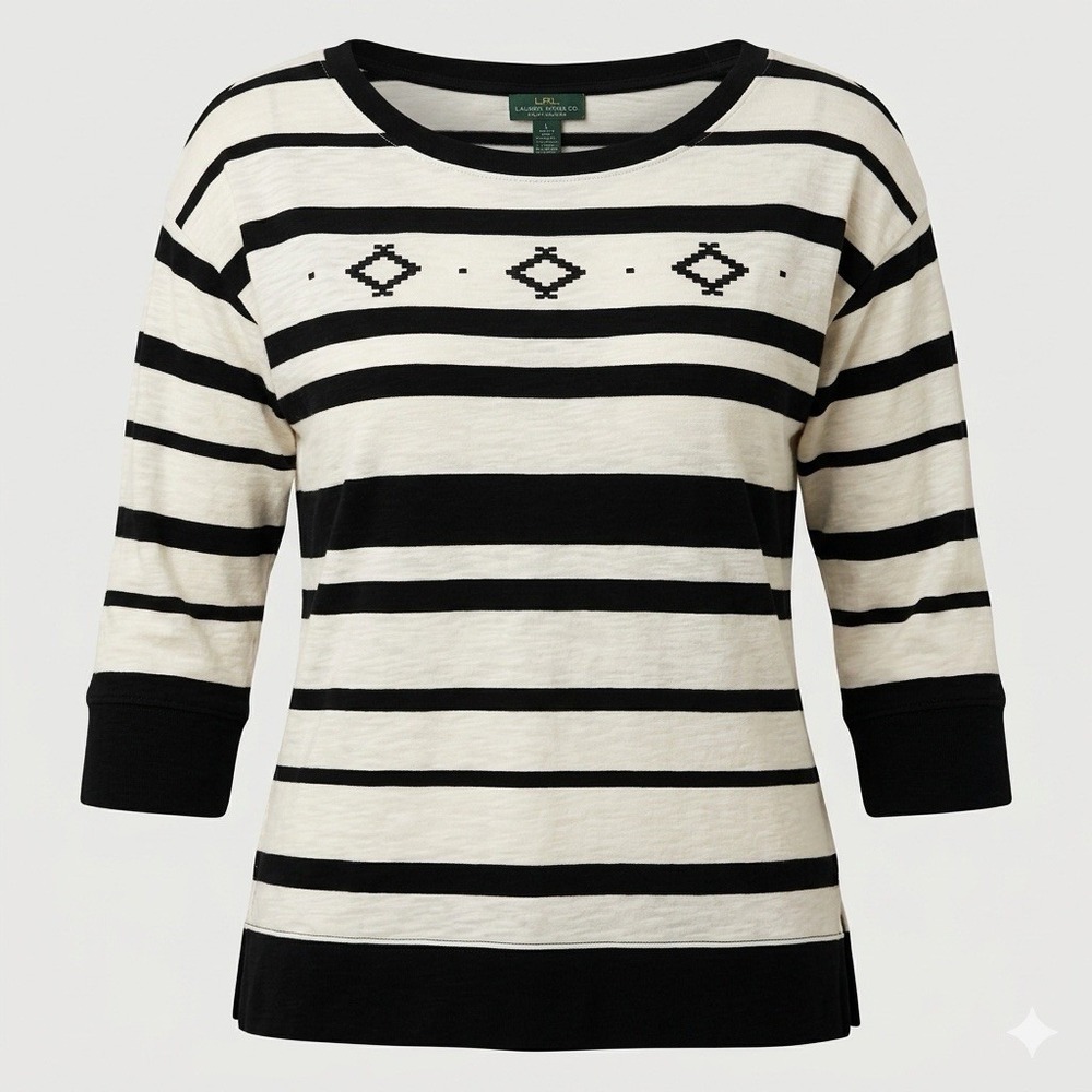 Lauren Ralph Lauren L 3/4 Sleeve White/Black Striped Western Embroidered Shirt
